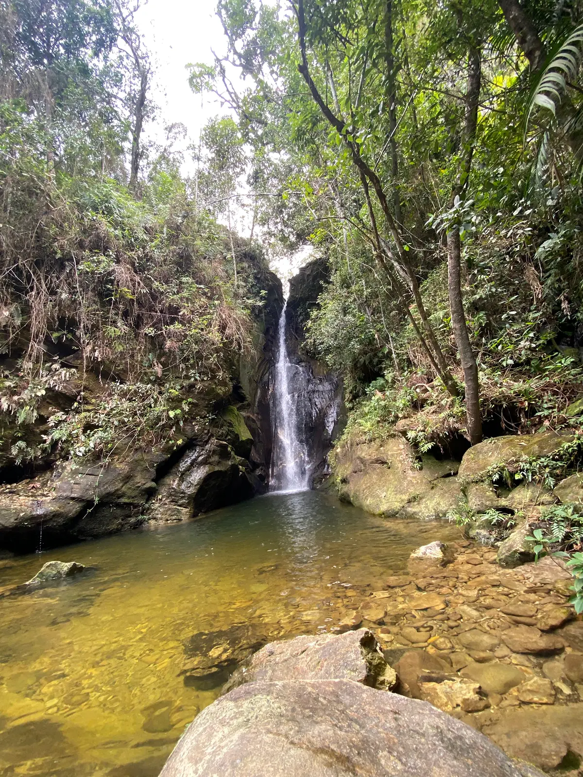 Vista completa da Cachoeira do Véu Negro entre rochas e vegetação